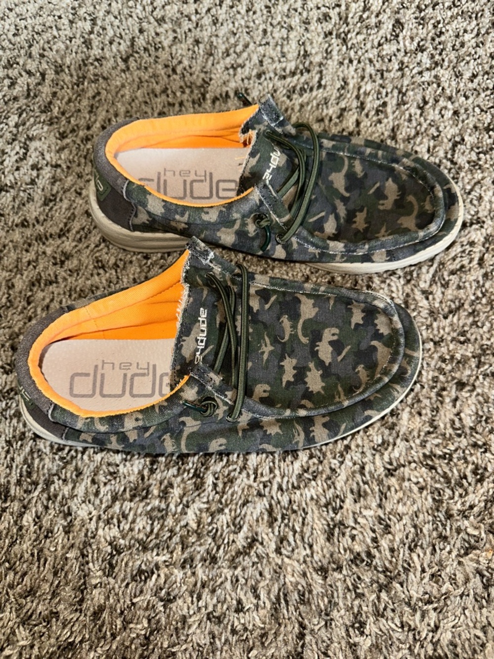 Hey Dude boys Dino Camo Slip-On Loafers with Orange Lining